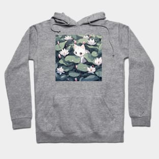 Cute white kitten in a field of lotus flowers Hoodie